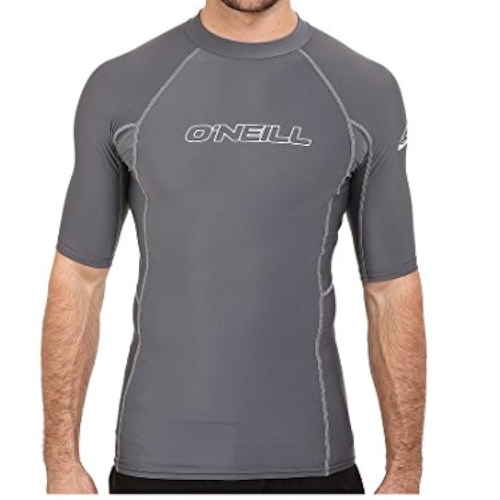 O’NEILL Mens Basic Skins UPF 50+ Short Sleeve Rash Guard in gray Smoke Sz L EUC